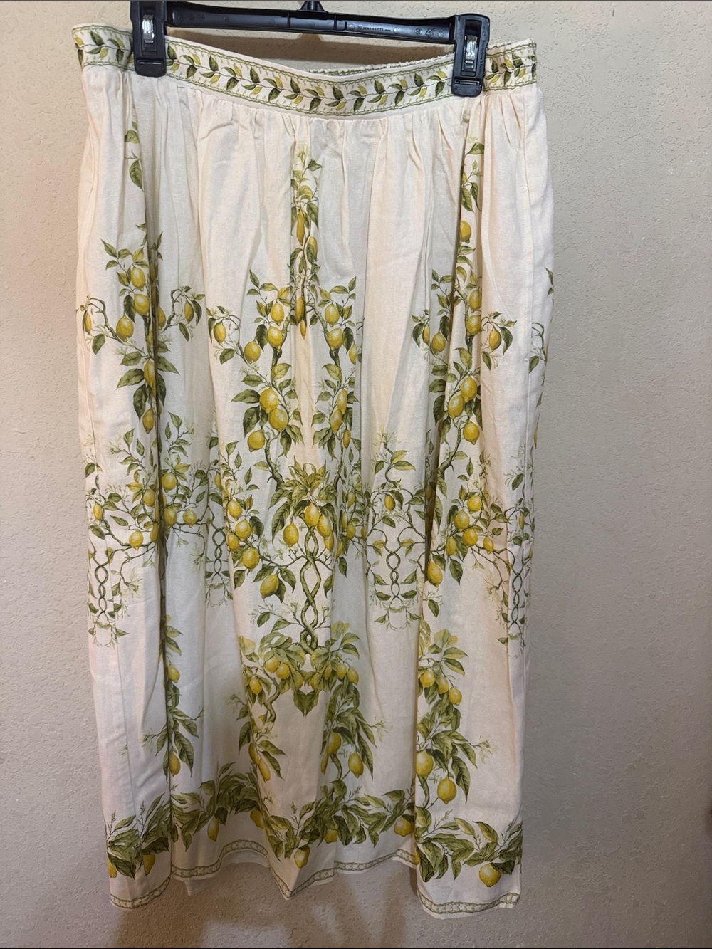 Max Studio Cream Midi Skirt with Lemon & Green Botanical Print linen blend